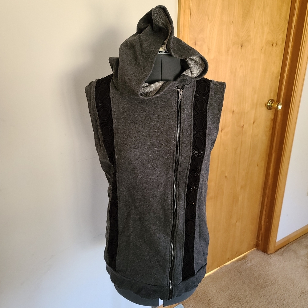 Asymmetrical Hooded Vest Zipper with weave detail